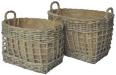 OPEN WEAVE OVAL BASKET WITH EAR HANDLES AND JUTE LINER IN GREY